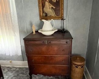 antique chest of drawers from bedroom set...wash stand pitcher and bowl...antique crucifix...basket... 