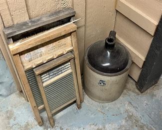 antique washboards and crock jug