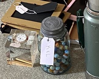 vintage marbles..picture frames..thermos