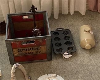 old wood carnation crate...antique footwarmer...cast iron mold