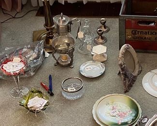antique plates..silver coffee warmer..candlesticks 