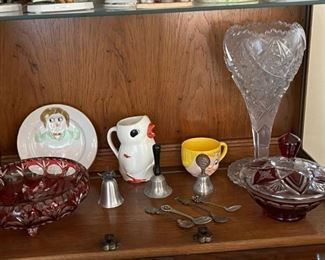 cut crystal cranberry glass...antique cream pitcher...antique vase...bells...spoons...antique plate