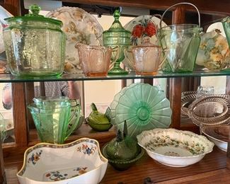 depression glass..hand painted china bowls and plates..hen basket..depression glass biscuit jar..vases...candy dish