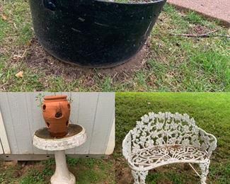 very large cast iron caldron..iron bench..bird bath..planter