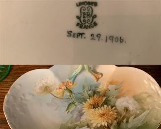 beautiful hand painted dish with handle and dated 1906