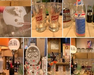 barware to include glasses..decanters...bottles..light. Set of Schlitz glasses...and others