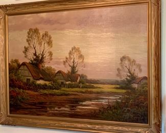 Incredible antique oil  painting by A Spencer titled Essex Cottages