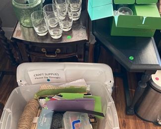 Craft supplies and various dishware - Crate & Barrel drinking glasses (8) and Kate Spade wine/water glasses 