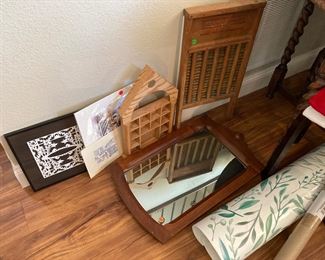 Various decor and mirrors. Green leaves are vinyl/no damage stickers from Etsy 