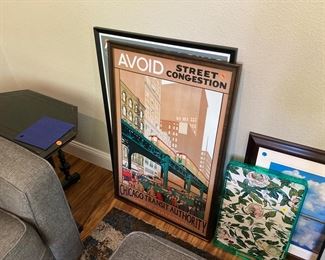 Small black side table and framed art - many in custom frames