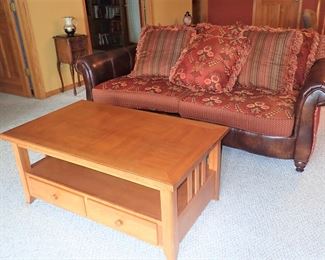 LEATHER & FABRIC SOFA & LOVESEAT - OAK COFFEE TABLE