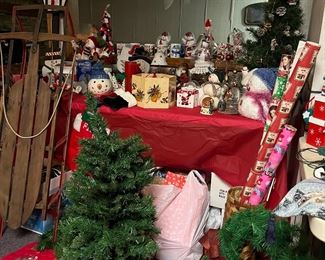 Vintage sled, Small trees, tree skirts, Christmas decorations