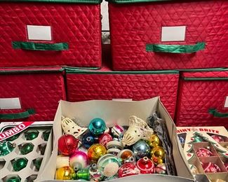 Vintage Christmas ornaments and like new storage containers