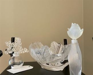 Lalique bottles and bowl. 