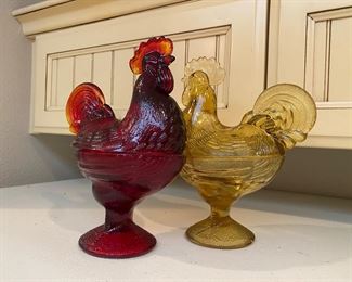  7" & 8" glass chicken lidded dishes.   