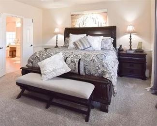 Freed's King Size Sleigh Bed w/ Upholstered
Headboard & Leaf Detail 