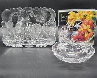 (2) Crystal: Tray w/ Roses & Mikasa Shallow Bowl