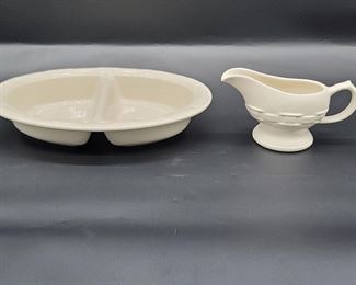 2- Longaberger Pottery Gravy Boat & Divided Dish