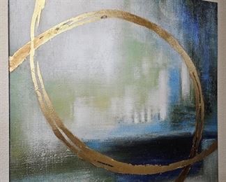 Canvas Abstract Print Blue & Green w/ Gold Fish