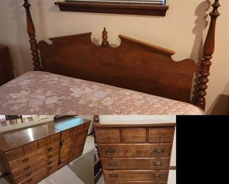 Furniture [Ethan Allen]
Outfit a bedroom with this 5-piece, vintage Ethan Allen set. Includes a 4-poster bed [head and foot boards] and frame, 2 dressers that are 3 drawers deep [24w x 18d x 30h], 1 dresser that is 3 drawers [30w x 18d x 30h] and 1 dresser with one drawer and a lower cabinet that is 30w x 18d x 30h]
