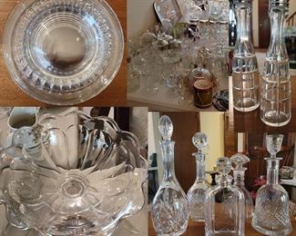 Contemporary, Antique and Vintage Glassware
There’s no way to itemize the glassware in this collection…beautiful crystal, including Waterford. Items include variety decanters, some etched, some cut glass. Multiple sets of dessert plates in multiple sizes including 7”, 8” and a 9” set made by the Heisey Glass Company, cir: 1861. Authentically marked with the Heisey brand [H]. 

Contemporary glass sets that include water glasses, cocktail glasses, tea glasses, wine glasses and more. You’ll find candlesticks, goblets, pitchers, dessert stands, footed dishes, crystal bowls, candy dishes, platters, punch bowl w/ glasses, sherry glasses, custard cups, vinegar and oil jars, parfaits, and many unique surprises.
