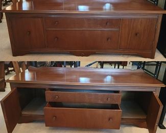 Walnut Lowboy. This is a fantastic piece of furniture. Although a low boy was originally used as a dressing table, let your inspiration run wild while you consider it as a large screen TV stand or storage in the home office. This one comes with excellent storage options of 2 doors and 2 drawers. Beautifully finished and ready for a new assignment. [60w x 20d x 20h]