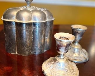 Silver plated sugar bowl and candlesticks
