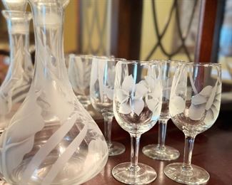 Etched glass decanter and stemware