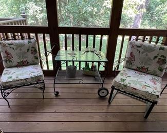 Metal patio chairs and rolling cart