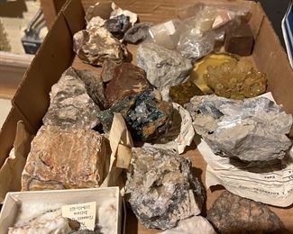 Stacks of flats full of rock/mineral/crystal specimens and lapidary rough for collectors and crafters