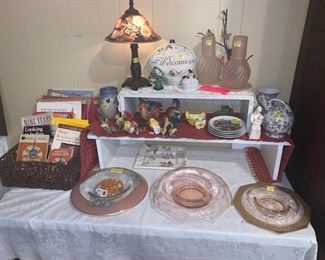 Floral Small Lamp and lots of knic knacs and Rose depression Glass