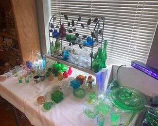 Uranium Dishes and floor Coasters and Unique Colored Bottles