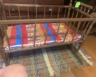 Antique Crib and Hand- made Childs Blanket