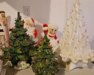 $70 Vintage Green Ceramic Christmas tree w/green& White base. $40 Small Vintage Green Ceramic Christmas tree. SOLD- $150 Vintage Lava Pearlescent White Ceramic Christmas Tree, 