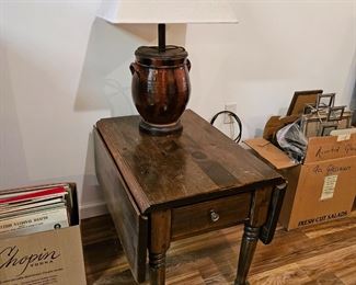 $45 Dark Pine Drop Side end table, $ 40 Pottery jug lamp