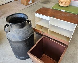 $20 Wooden Camp kitchen, $10 metal planter.  SOLD-Steel Milk Can