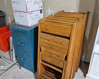 $5 ea  (17) Wooden folding chairs, $10 Blue 2 drawer file cabinet