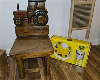 $20 Tractor bench, $10 John Deere Kids ceramic plate set