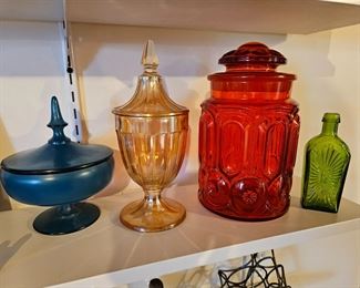 $15, Blue satin candy dish, $15 Marigold  Carnival glass  candy jar.  SOLD-L E Smith sun and stars ambereen canister