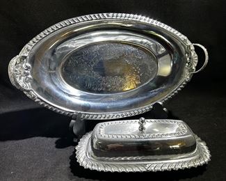 Large silver plated serving tray and butter dish 