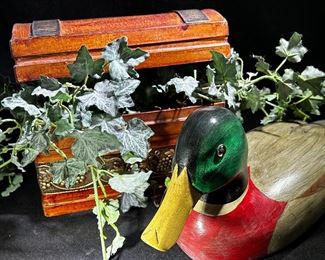 Decorative wooden chest and wooden carved mallard