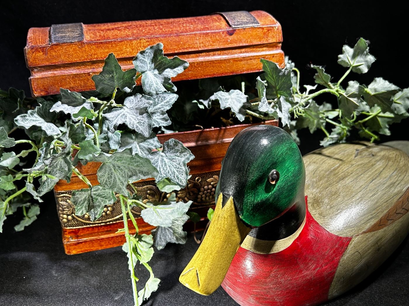Decorative wooden chest and wooden carved mallard