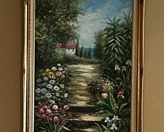 Ornately framed floral oil on canvas wall art 