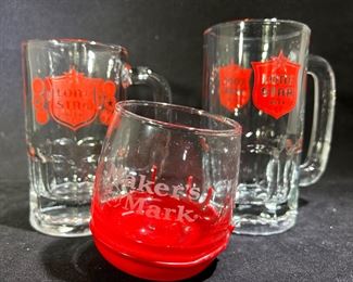 Lone Star beer mugs & Makers Mark tilting whiskey glass