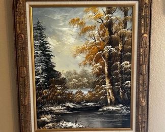Oil on canvas framed winter forrest scene 