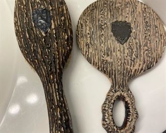 Antique Victorian Sterling Silver Emblem & wood Hand held Mirror & brush