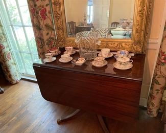 Beautiful drop leaf table with gorgeous mirror and  lovely collection of tea cups and saucers