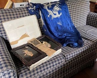 Silk kimono with Japanese pictures.