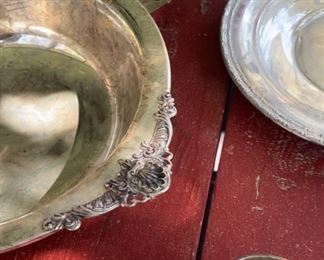 Bowl with ornate handles. All sterling. Now polished. Cream and sugar not for sale.