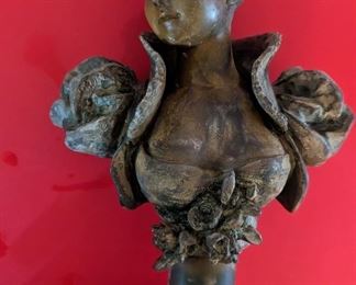 Art Nouveau Female Bust on Marble Base, Cast in metal with a bronze finish, this bust is by unknown artist. 